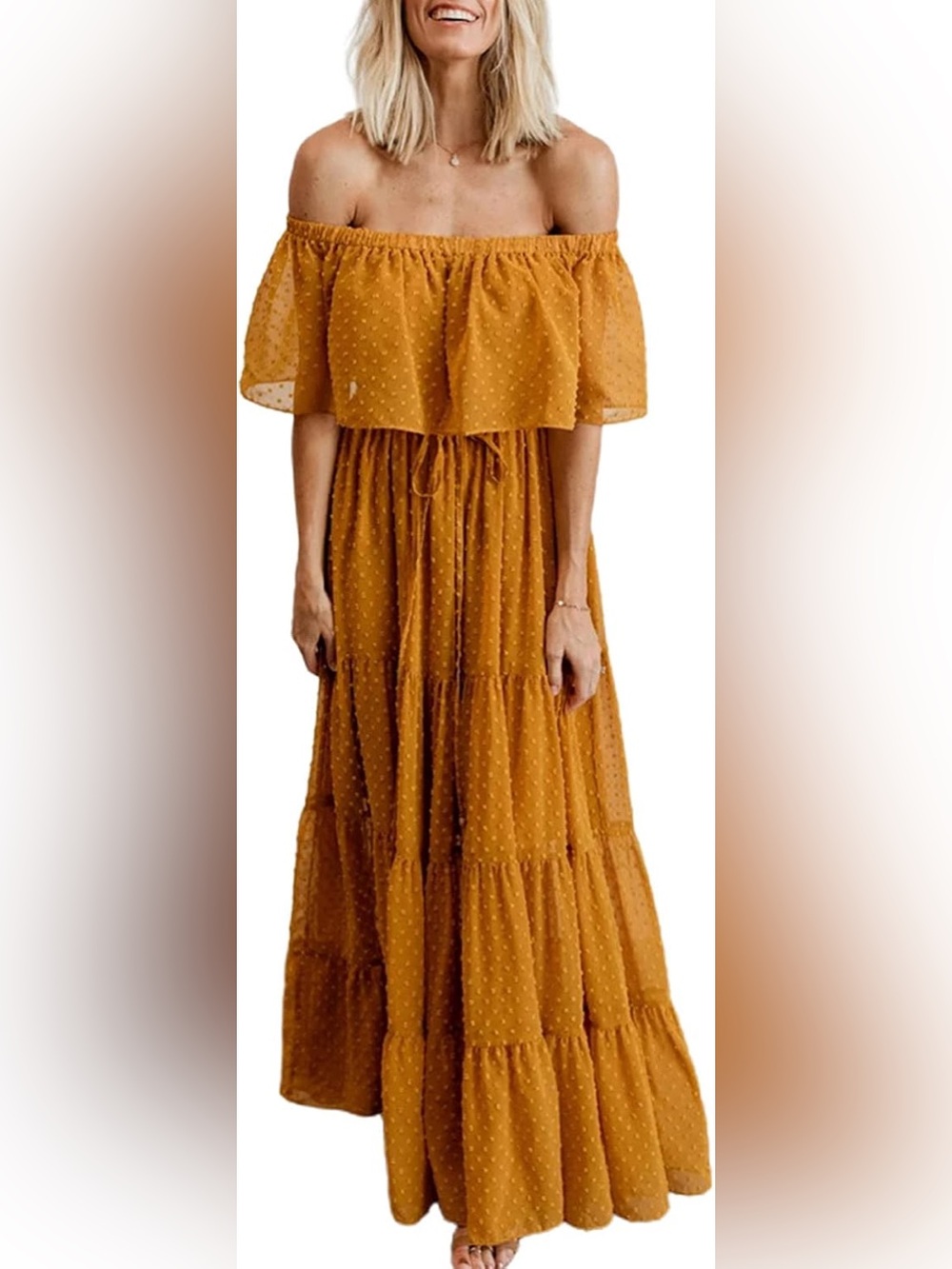 Off-Shoulder Tiered Maxi Dress in Mustard Excellent Condition ❤️